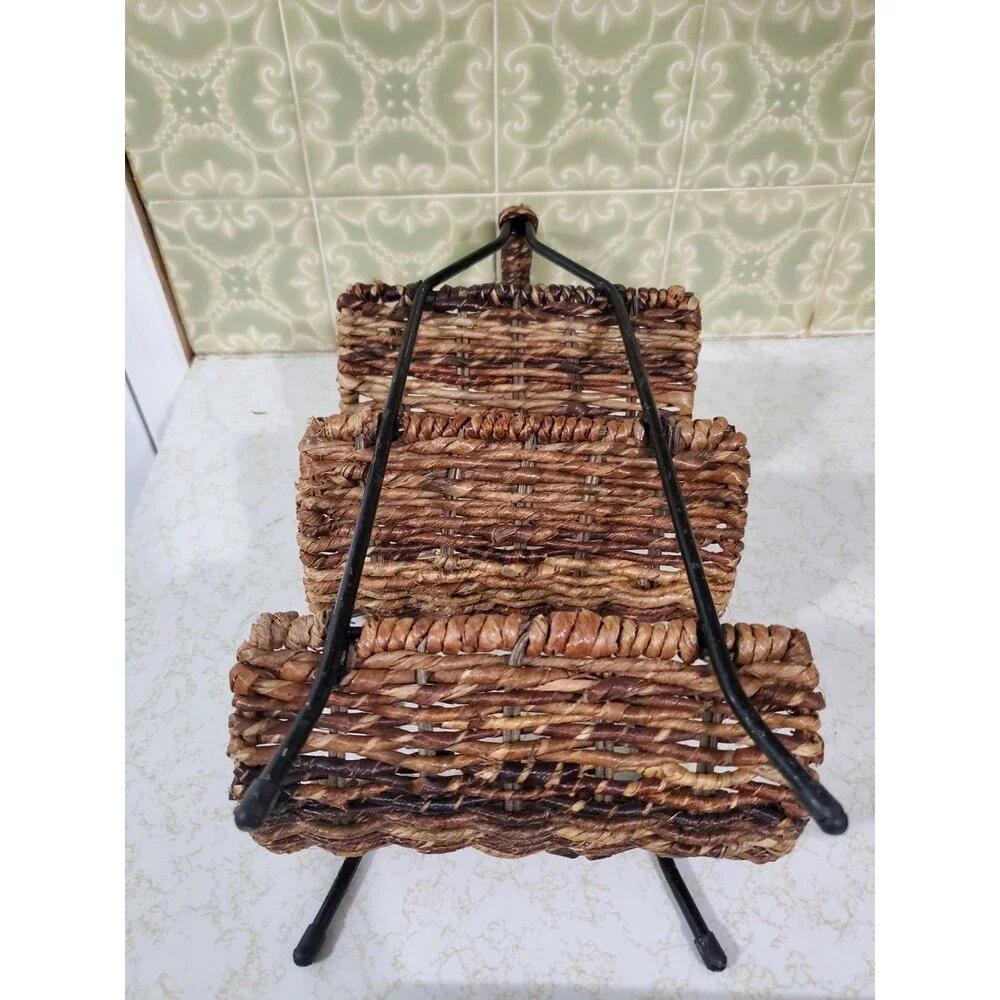 Black Wrought Iron and Woven Brown Rattan 3 Tiered Wine Rack - Holds 3 Bottles
